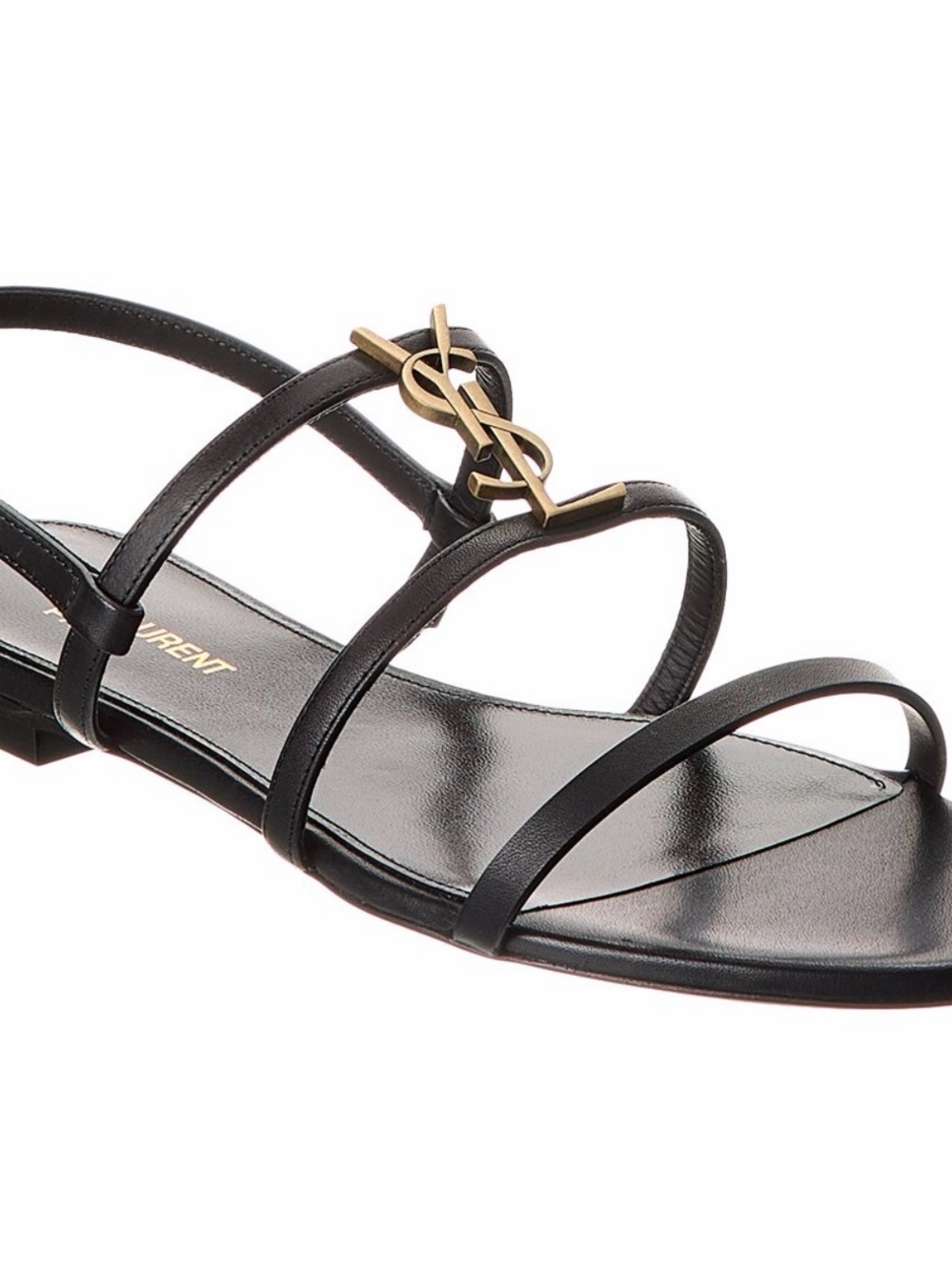 Saint Laurent Black Leather Cassandre Logo Strappy Sandal